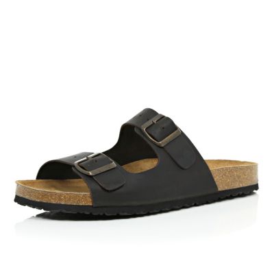 Dark brown leather double buckle sandals